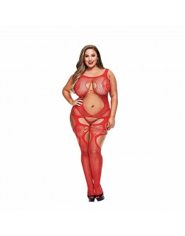 Lapdance - Open Front Lace Bodystocking Red Plus